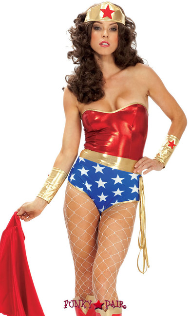 52pc Miss Super Hero costume includes headband, bodysuit, cape, arm cuffs and lasso5