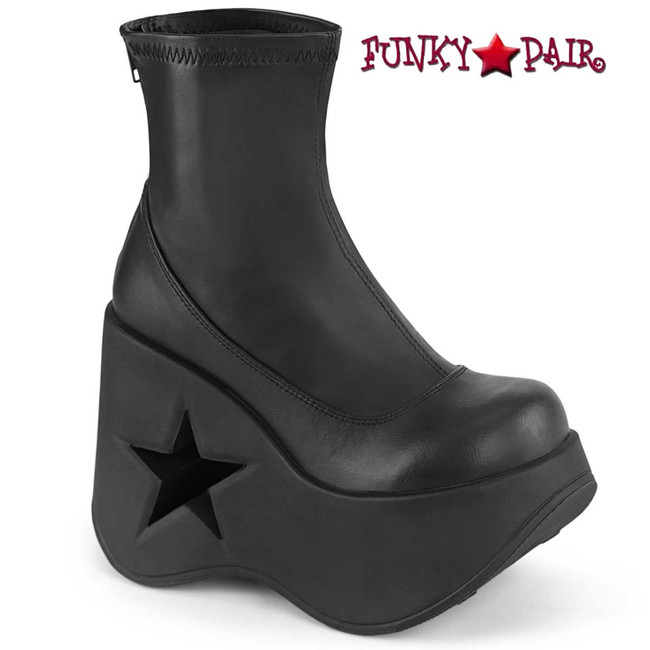 Dynamite-100 Black Vegan Leather Star Cut-Out Platform Wedge Ankle Boot By Demonia