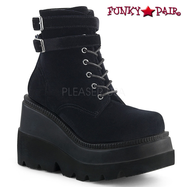 Shaker-52 color Black Velvet Gothic Stack Boots by Demonia