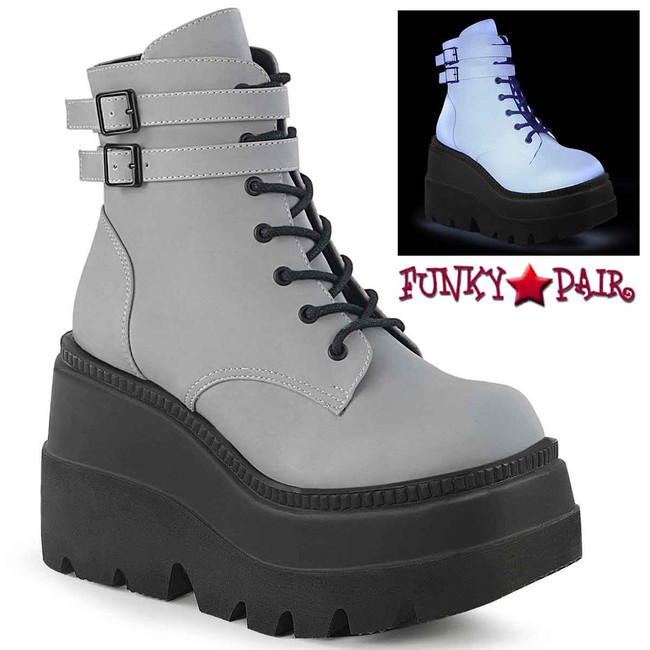 Shaker-52 Grey Stacked Wedge Platform Ankle Boot by Demonia