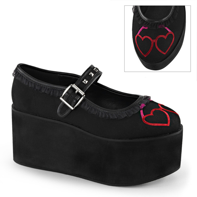 Click-02-1, 3.25 Inch Platform Maryjane with Heart Eyeglasses Embroidery and Studs