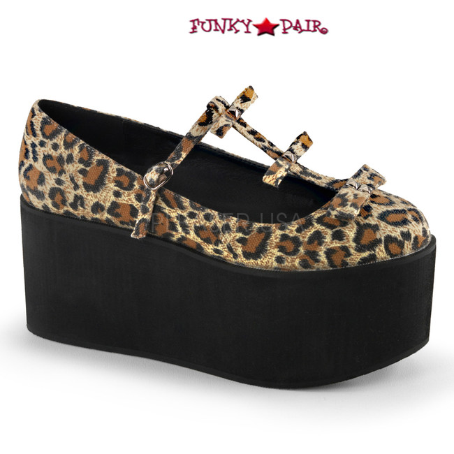 Leopard Click-08, 3.25 Inch Platform T-strap with Bows Maryjane