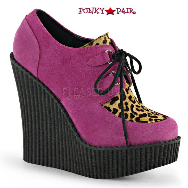 Creeper-304, 5.25 Inch Wedge Creeper with Leopard Print Color Hot Pink Vegan Suede-Leopard Printed Pony Hair