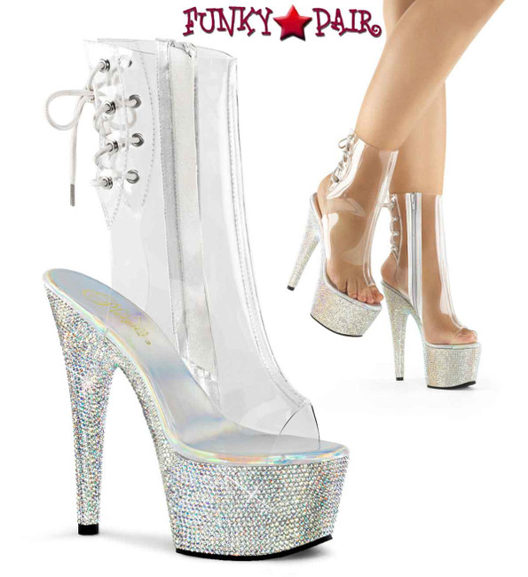Bejeweled-1018DM-7, 7 inch heel rhinestones Clear peep toe ankle