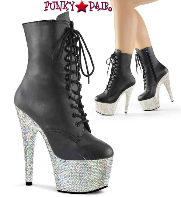 Bejeweled-1020-7, Stripper 7 Inch Rhinestones Platform Ankle Boots Black Faux Leather