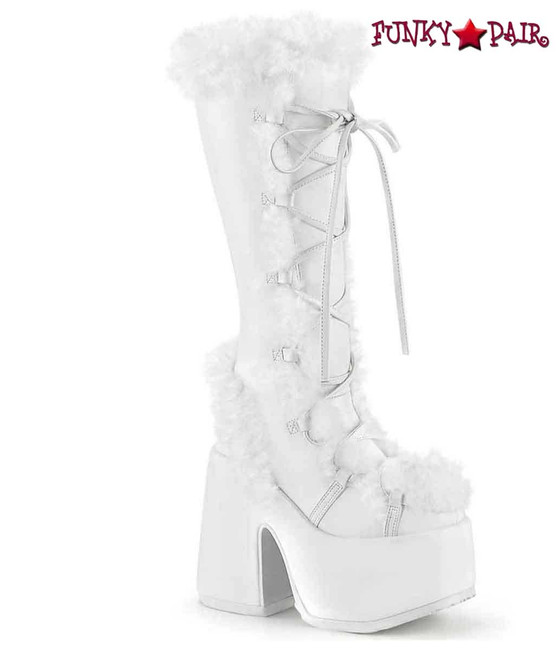 Camel-311 White Furry Goth Boots By Demonia