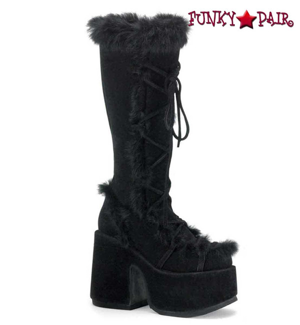 Camel-311 Black Furry Goth Boots By Demonia