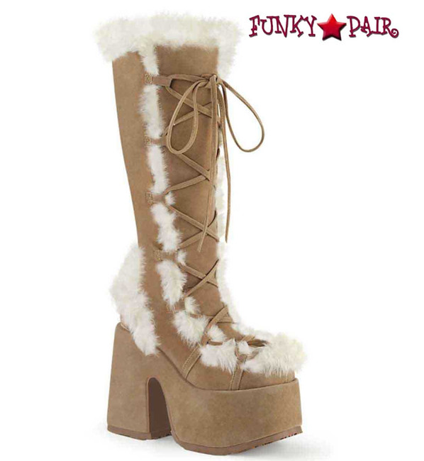 Camel-311 Beige Furry Goth Boots By Demonia