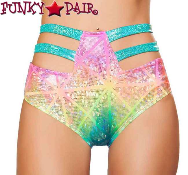 Roma | SH3256, Rave High-Waisted Strapped Shorts Color Multi laser Hologram front view