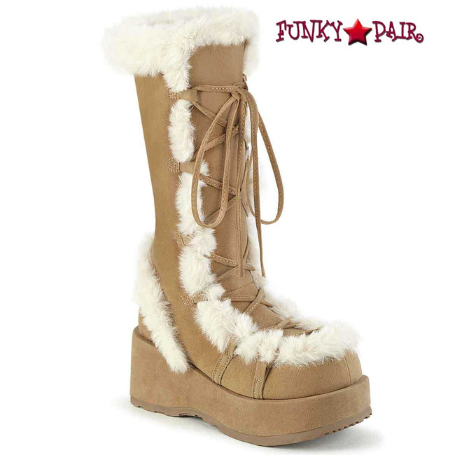 Cubby-311 Beige Platform Fur Boots By Demonia