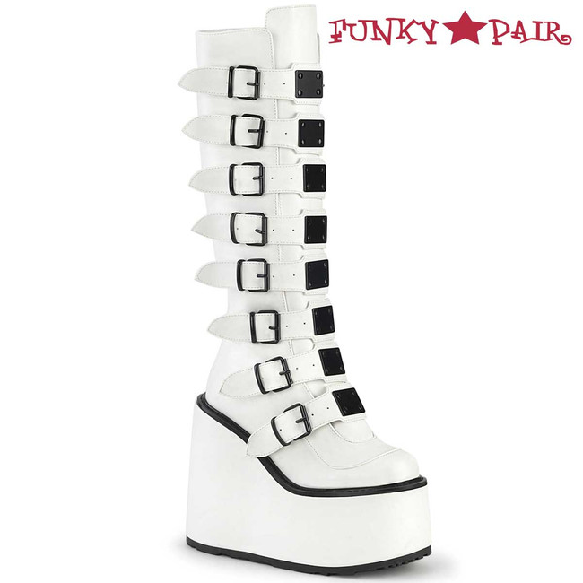 SWING-815, White  Wedge Knee Boot with Metal Plates by Demonia