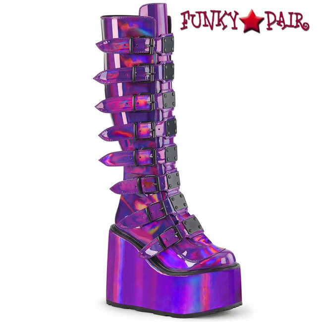 SWING-815, Purple  Wedge Knee Boot with Metal Plates by Demonia