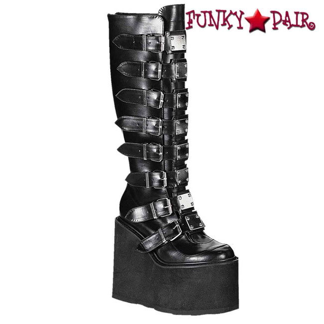 SWING-815, Black Vegan Leather  Wedge Knee Boot with Metal Plates by Demonia