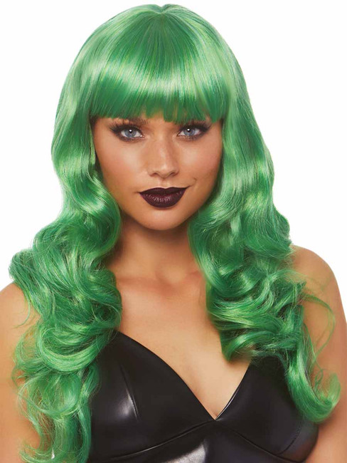 A2766, Green Long Wavy Wig with Bangs