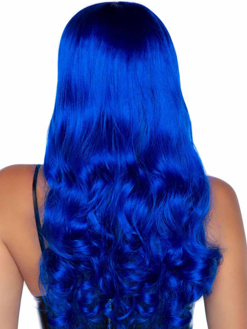A2766, Blue Long Wavy Wig with Bangs Back View