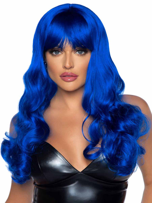 A2766, Blue Long Wavy Wig with Bangs