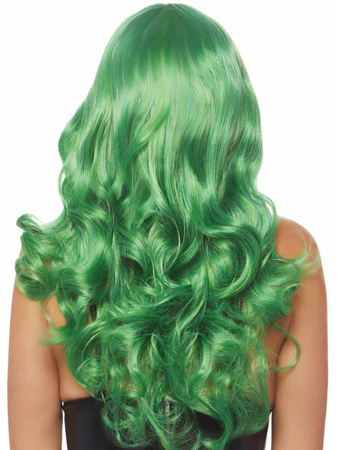 A2766, Green Long Wavy Wig with Bangs Back View