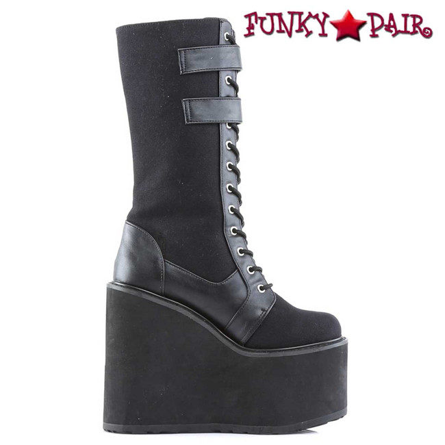 Demonia Swing-221, Wedge Double Buckles Strap Knee High Boots