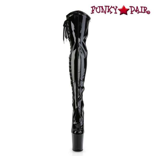 Front View Flamingo-3050, 8" Fetish Thigh High Boots with Side Lace Up by Pleaser