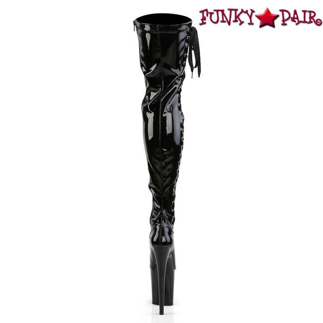 Flamingo-3050, 8" Stripper Thigh High Boots with Side Lace Up Back View by Pleaser