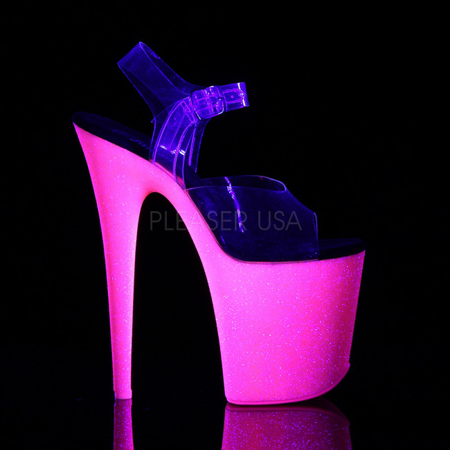 Flamingo-808UVG, Side View 8 Inch Stiletto Heel UV Reactive Mini Glitters Platform Ankle Strap