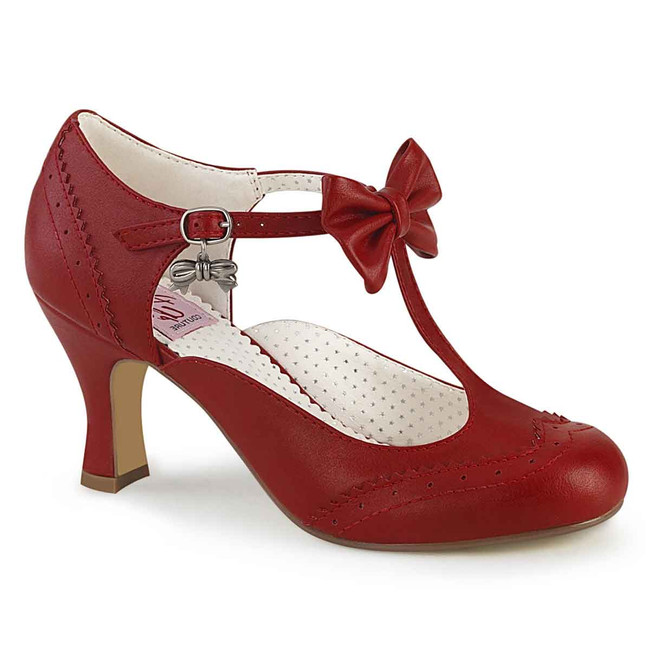 Flapper-11, Red 3 Inch Kitten Heel T-strap with Bow