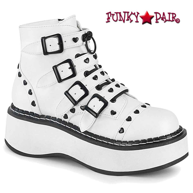 Emily-315, White Buckles Strap Ankle Boots by Demonia