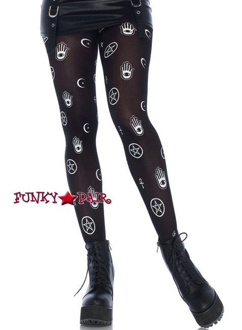 Black Mystical White Symbol Printed Tights | Leg Avenue LA7741