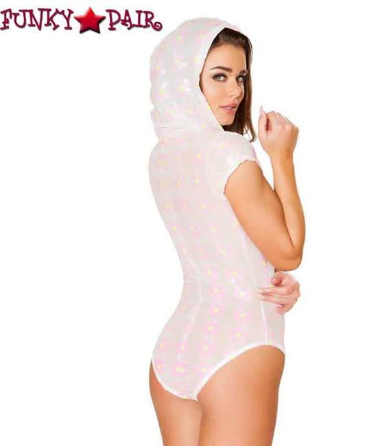Roma | R-3413, Rave Floral Sequin Sheer Hooded Romper back view