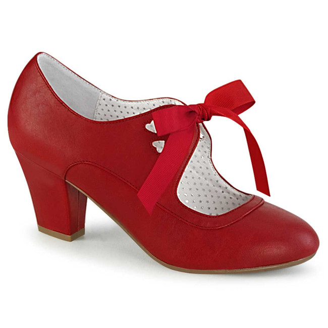 Wiggle-32, Red Faux Leather MaryJane Pump with Ribbon By Pin Up Couture