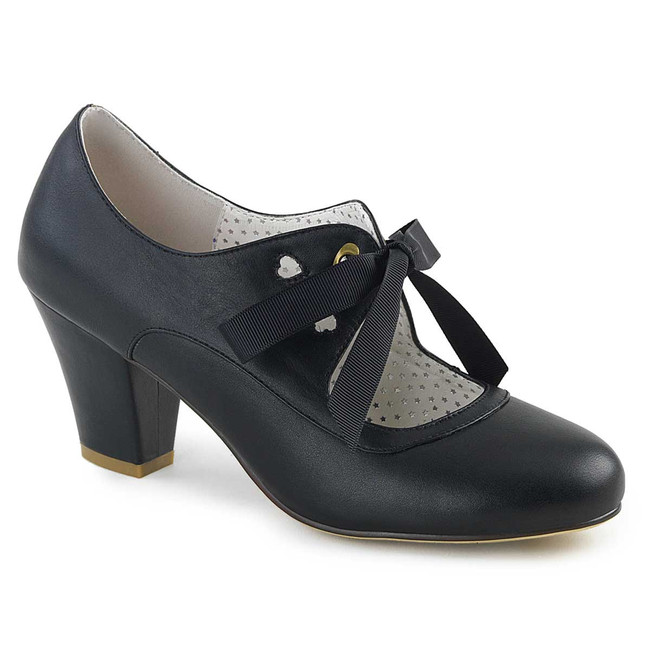 Wiggle-32, MaryJane Pump with Ribbon Color Black Faux Leather By Pin Up Couture