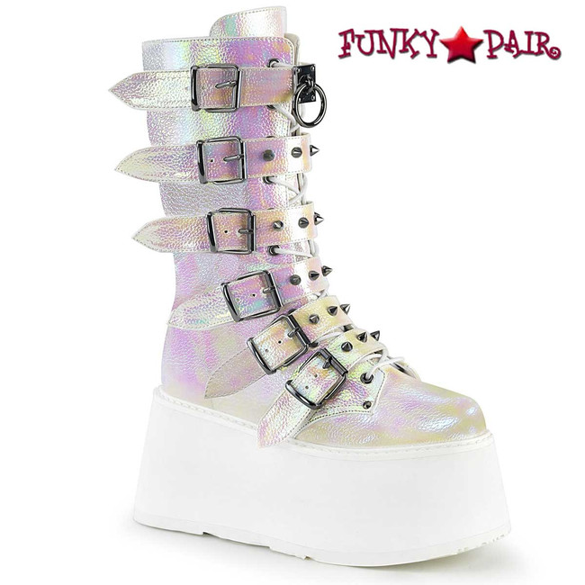 Damned-225, Raver Pearl Iridescent Buckle Straps Studded Boots by Demonia