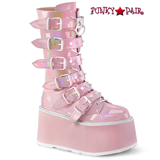 Damned-225,  Baby Pink Buckle Straps Studded Boots by Demonia