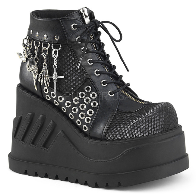 Stomp-18, 4.75 Inch Platform Lace-up Front Wedge Booties Color Black Vegan Leather-Grey Velvet