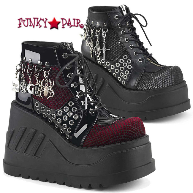 Demonia | Stomp-18 4.75 Inch Platform Lace-up Front Wedge Booties Colo Available: Black Pat-Burgundy Velvet, Black Vegan Leather-Grey Velvet Size 6 - 11
