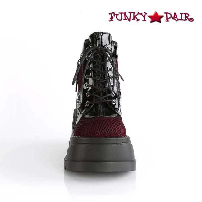 Stomp-18, 4.75 Inch Platform Lace-up Front Wedge Booties Color Blk Pat-Burgundy Velvet front view