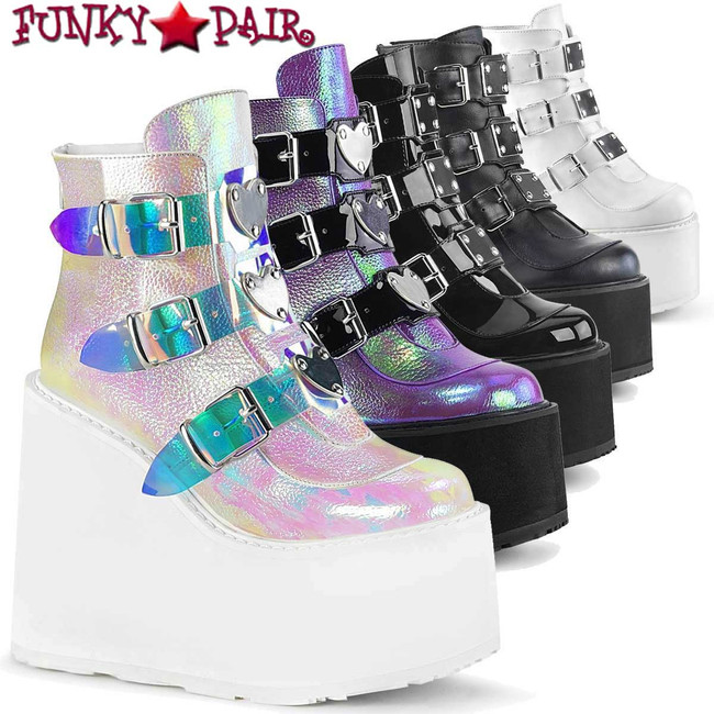 Demonia Swing-105, Triple Buckle Wedge Platform Ankle Boots