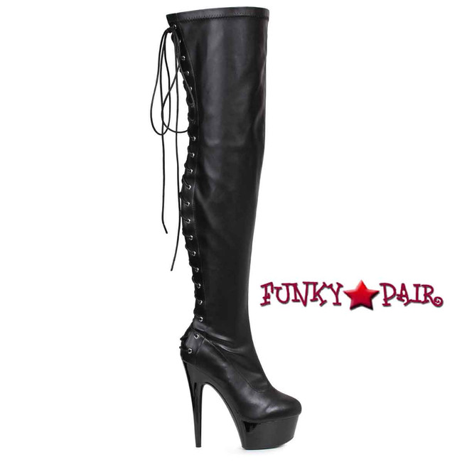 609-Fare, 6 Inch Back Lace Thigh High Boots color black faux leather
