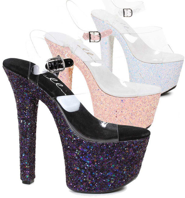 711-Serenity, 7 Inch High Heel Ankle Strap with Glitter Platform