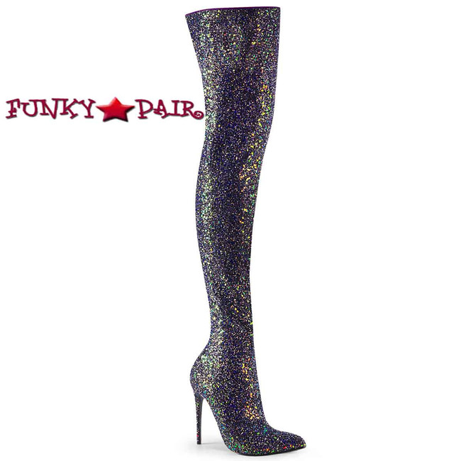 Courtly-3015, Black Glitter Thigh High Boots