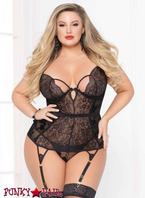 STM-10925X, Plus Size Mesh and Lace Bustier Set | Seven 'til Midnight color black