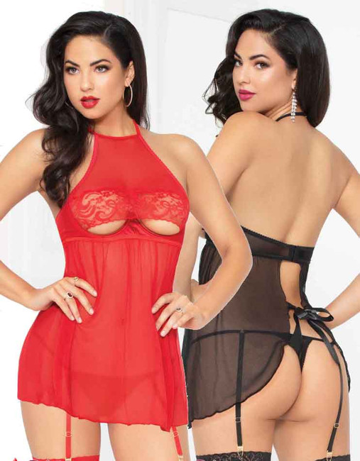 STM-10934, Mesh and Lace High Neck Babydoll with Garters | Seven 'til Midnight color available: black , red