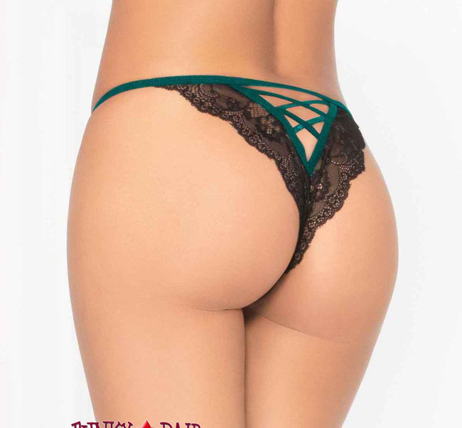 STM-10936, Flocked Mesh and Lace Open Crotch Panty | Seven 'til Midnight color green back view