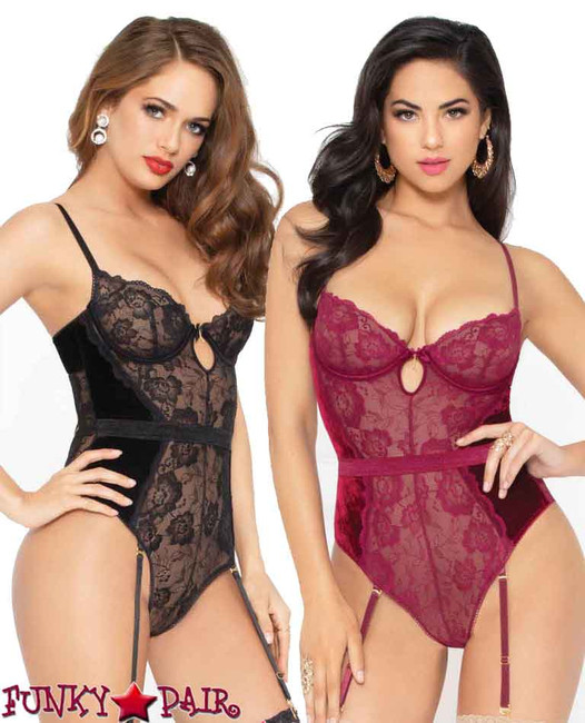 STM-10951, Velvet and Lace Keyhole Bodysuit | Seven 'til Midnight color available: black, wine