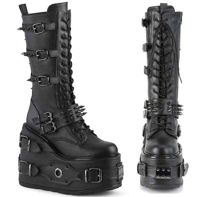 SWING-327, Platform Wedge Knee High Boots with Spike Buckles | Demonia