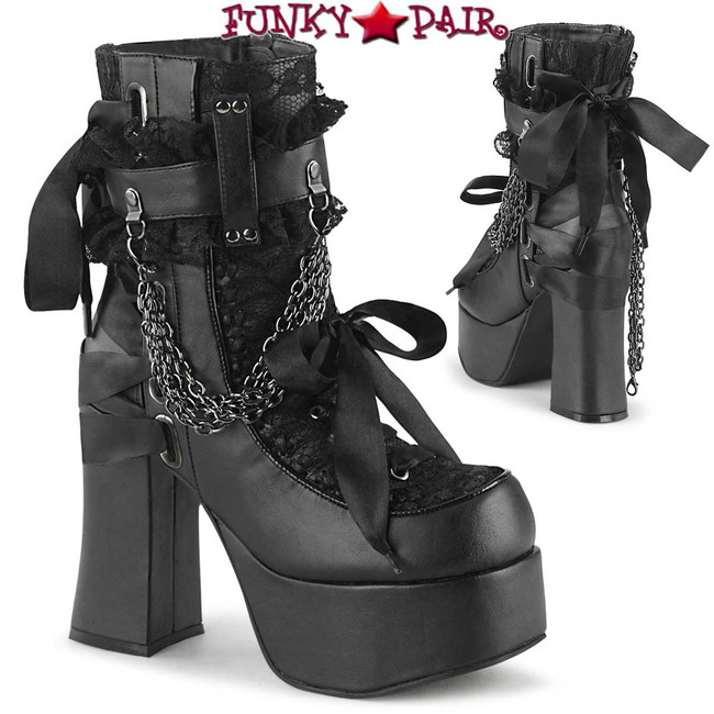 Demonia | CHARADE-110, Chunky Heel Ankle Boots with Chains color black