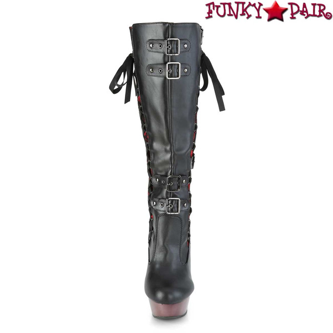 Demonia | MUERTO-2030, Corset Style Knee High Boots | Front Strap View