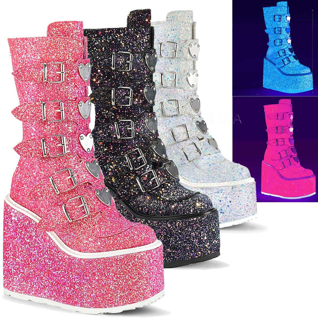 Glitters Rave Boots | SWING-230G, Mid-Calf with Heart Buckles Straps