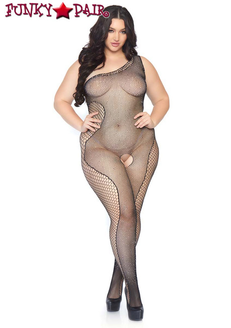 Leg Avenue | LA89240X, Crystalized Fishnet Asymmetrical Bodystocking full view