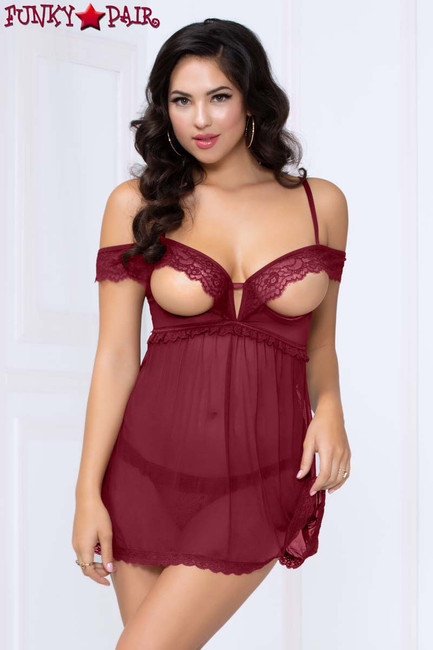 STM-10972, Open Cup Babydoll Set color wine